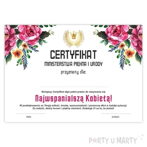 certyfikat foto najwspanialsza kobieta antyrama a4