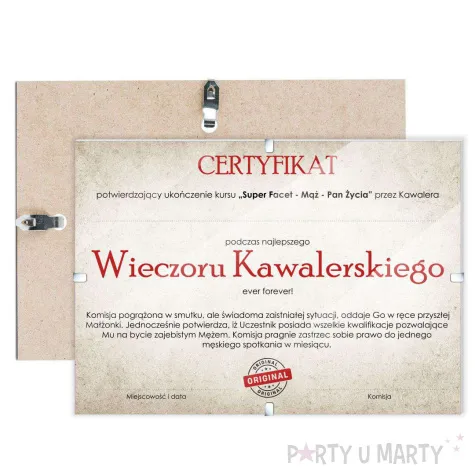 certyfikat foto wieczor kawalerski oryginal antyrama a4