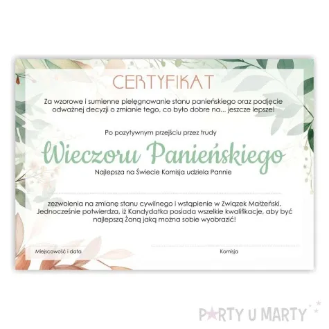certyfikat foto wieczor panienski delikatne liscie a4