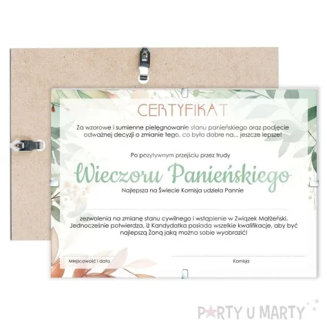 certyfikat foto wieczor panienski delikatne liscie a4