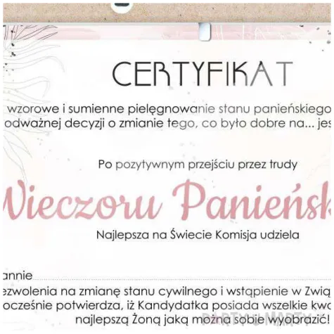 certyfikat foto wieczor panienski jasnorozowy antyrama a4