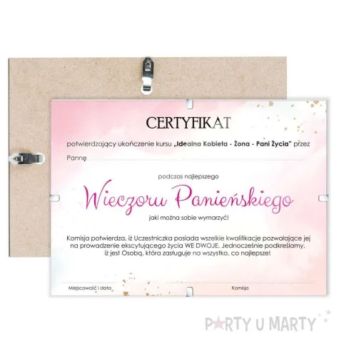 certyfikat foto wieczor panienski rozowo zloty a4
