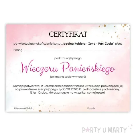 certyfikat foto wieczor panienski rozowo zloty a4
