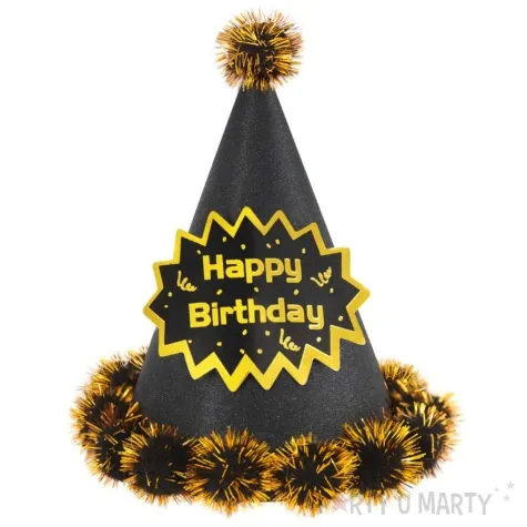 czapeczka urodzinowa happy birthday brokatowa z pomponem i puchem czarny partypal 17 cm