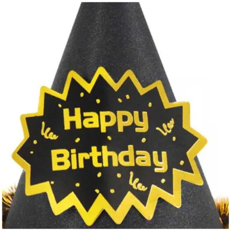 czapeczka urodzinowa happy birthday brokatowa z pomponem i puchem czarny partypal 17 cm