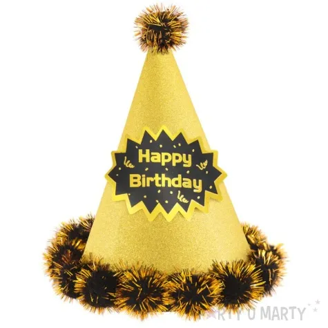 czapeczka urodzinowa happy birthday brokatowa z pomponem i puchem zloty partypal 17 cm