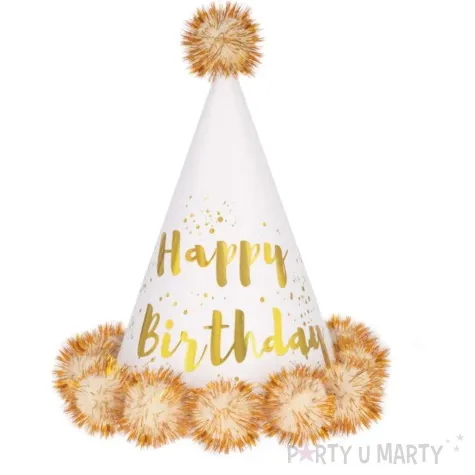 czapeczka urodzinowa happy birthday opalizujaca z pomponem i puchem ecru partypal 17 cm