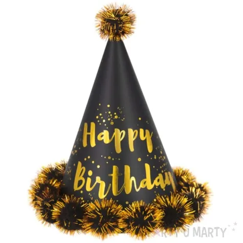 czapeczka urodzinowa happy birthday opalizujaca z pomponem i puchem zloty partypal 17 cm