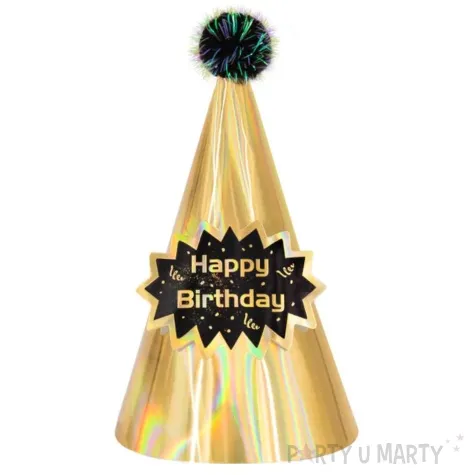 czapeczka urodzinowa happy birthday opalizujaca z pomponem zloty partypal 17 cm