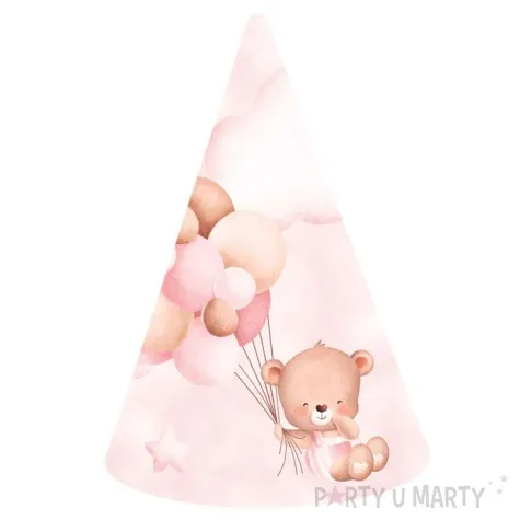 czapeczki papierowe misie z balonikami rozowy jasny congee 6 szt