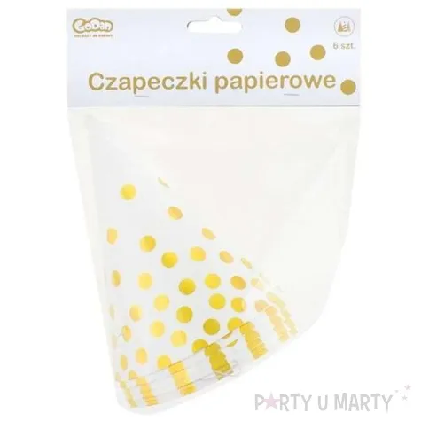 czapeczki papierowe zlote groszki biale 6 szt