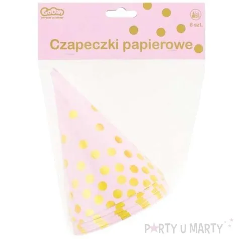 czapeczki papierowe zlote groszki rozowe 6 szt