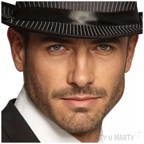 czarny kapelusz w paski gangstera dodatek do stroju na karnawal mafia kostium retro lata 20 30 40