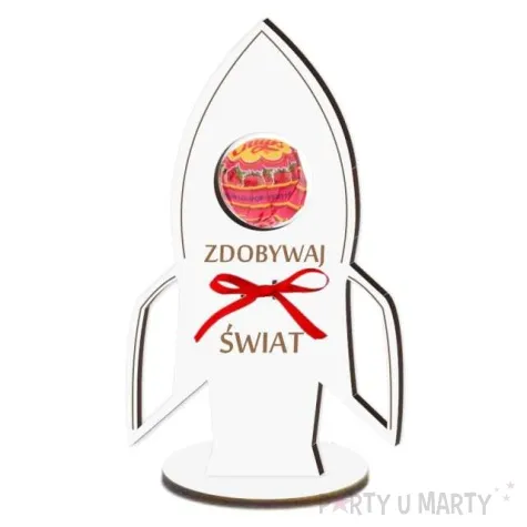 dekoracja 3d rakieta na lizak zdobywaj swiat biala 14 cm