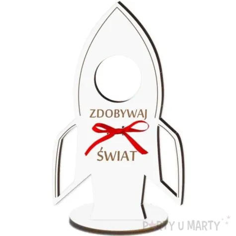dekoracja 3d rakieta na lizak zdobywaj swiat biala 14 cm