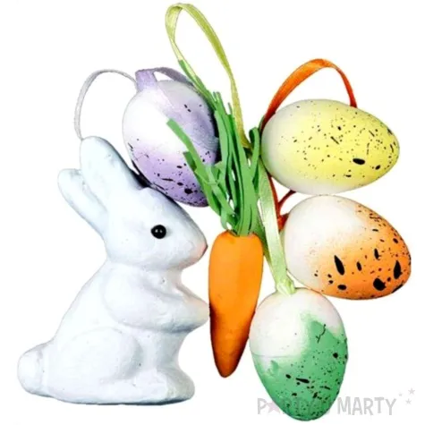 dekoracja bialy krolik i bialo kolorowe pisanki titanum