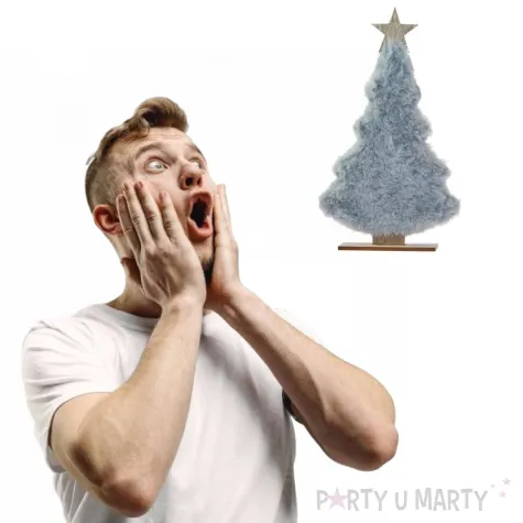 dekoracja choinka z szarym futerkiem drewniana arpex 30 cm