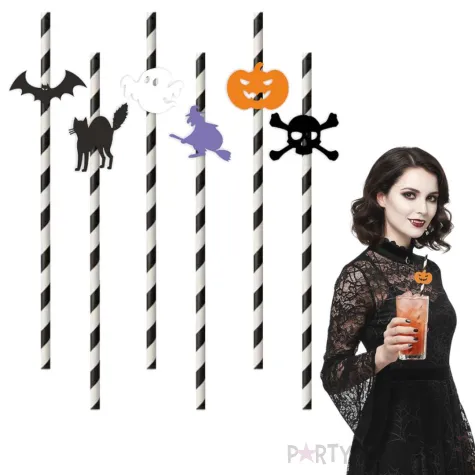 dekoracja do napojow na halloween slomki papierowe ozdoba stolu jednorazowe czarno biale 6 szt