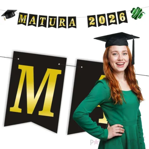 dekoracja do powieszenia baner matura 2026 girlanda papierowa czarno zlota 2 5 m