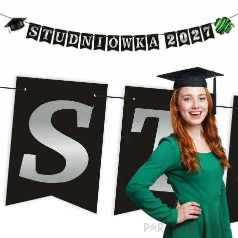 dekoracja do powieszenia baner studniowka 2027 girlanda papierowa czarno srebrna do szkoly