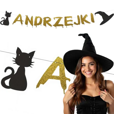 dekoracja do powieszenia na andrzejki baner kot i kapelusz czarownicy girlanda papierowa 1 5 m
