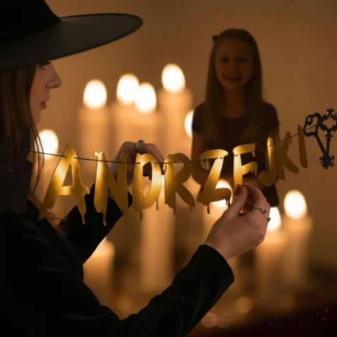 dekoracja do powieszenia na andrzejki baner swiece i klucze metalik girlanda papierowa 1 5 m