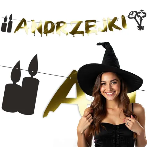 dekoracja do powieszenia na andrzejki baner swiece i klucze metalik girlanda papierowa 1 5 m