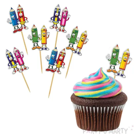 dekoracja do przedszkola na dzien kredki pikery na babeczki muffinki kolorowi przyjaciele 6 szt