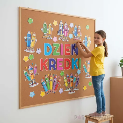 dekoracja do szkoly przedszkola na gazetke dzien kredki kolorowi przyjaciele do powieszenia