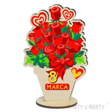 dekoracja drewniana 3d kwiatek 8 marca czerwone roze 14 cm
