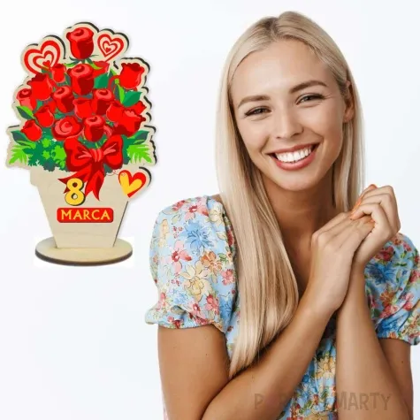 dekoracja drewniana 3d kwiatek 8 marca czerwone roze 14 cm