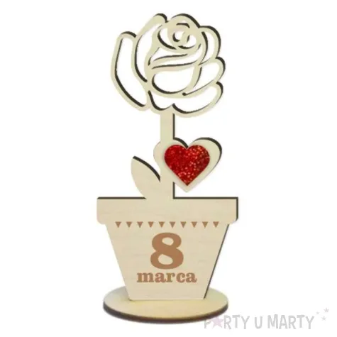 dekoracja drewniana 3d kwiatek z sercem holo 8 marca 14 cm