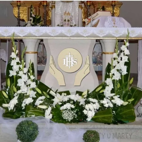 dekoracja drewniana hostia ihs i dlonie 58x38 cm