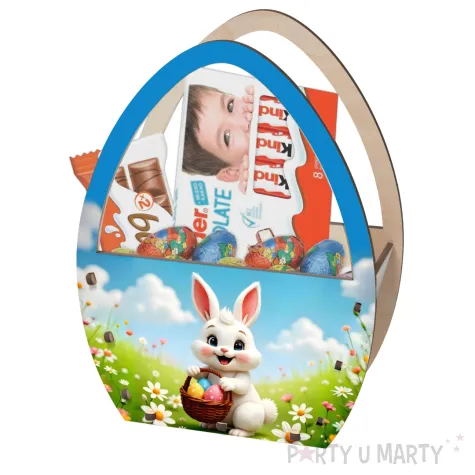 dekoracja drewniana koszyk wielkanocny bialy krolik i pisanki 20 cm