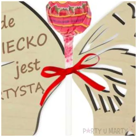 dekoracja drewniana motylek na lizak dziecko artysta 14 cm