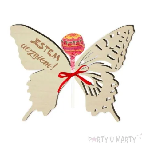 dekoracja drewniana motylek na lizak jestem uczniem 14 cm