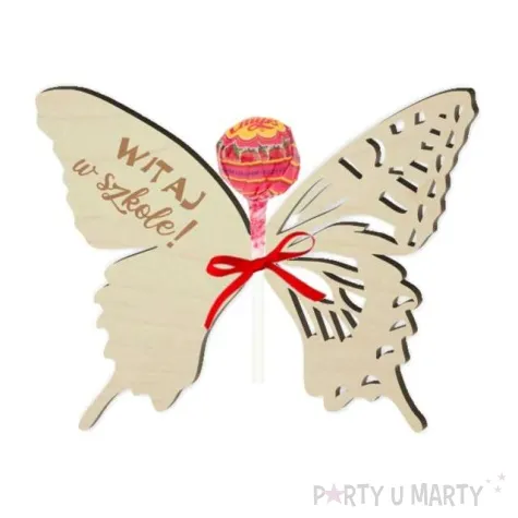 dekoracja drewniana motylek na lizak witaj w szkole 14 cm