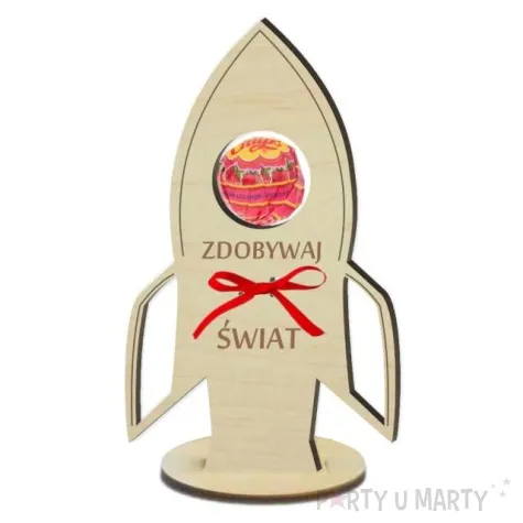 dekoracja drewniana rakieta na lizak zdobywaj swiat 14 cm