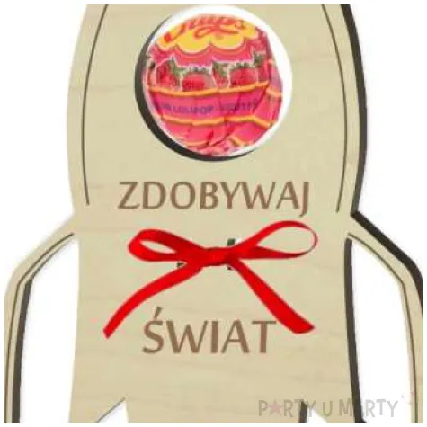 dekoracja drewniana rakieta na lizak zdobywaj swiat 14 cm