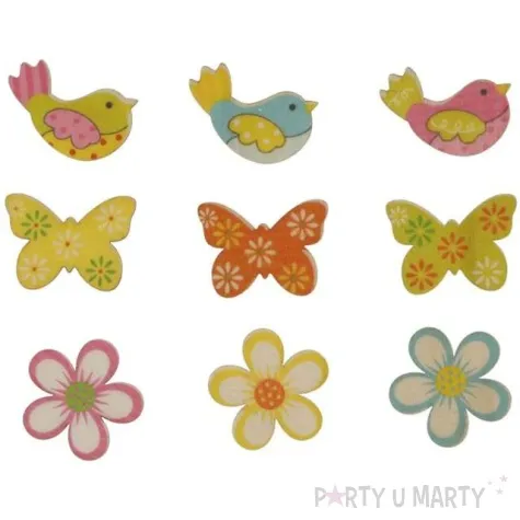 dekoracja drewniana wielkanoc kwiaty ptaszki i motyle titanum 27 szt