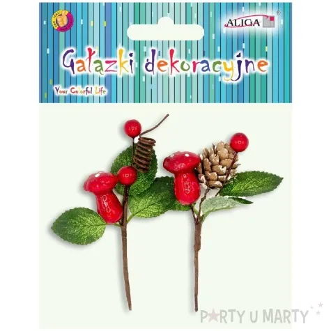dekoracja galazki dekoracyjne jarzebina z szyszkami i muchomorkami czerwony aliga 2 szt