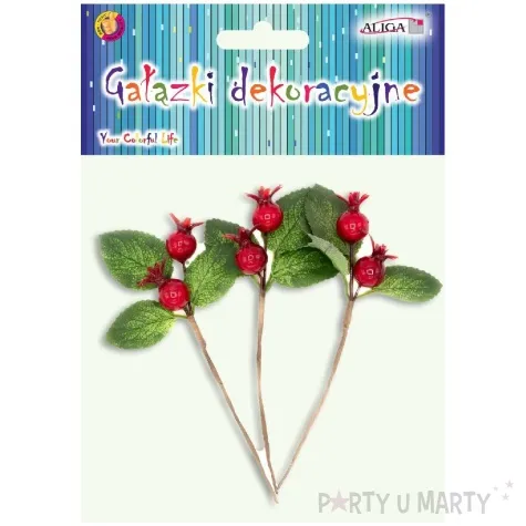 dekoracja galazki dzika roza czerwony aliga 3 szt
