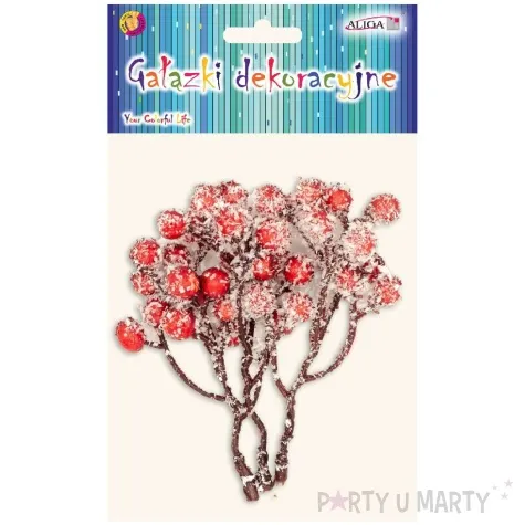 dekoracja galazki jarzebiny oszronione duze kulki czerwony aliga 3 szt