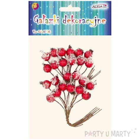 dekoracja galazki jarzebiny oszronione kulki czerwony aliga 24 szt