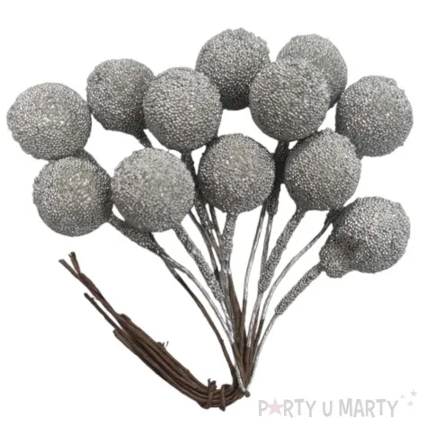 dekoracja galazki kulki na druciku srebrny aliga 12 szt