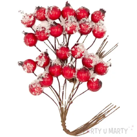 dekoracja galazki ostrokrzewu oszronione kulki czerwony aliga 24 szt