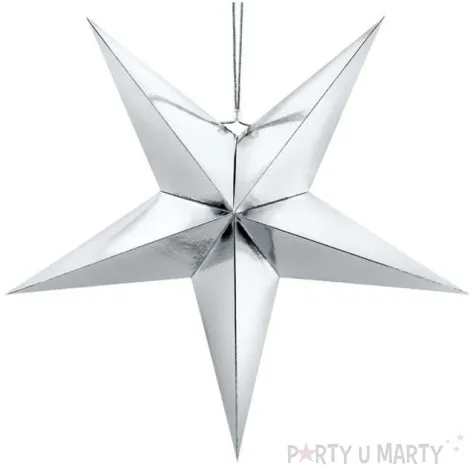 dekoracja gwiazda 3d papierowa partydeco srebna 70 cm