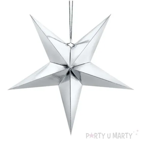 dekoracja gwiazda 3d papierowa partydeco srebrna 45 cm