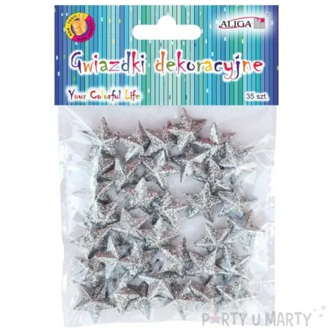 dekoracja gwiazdki brokatowe srebrny aliga 2 cm 35 szt
