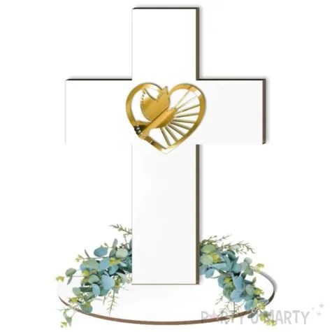 dekoracja laminowana krzyz z golebica zloty lustrzany 15 x 21 cm